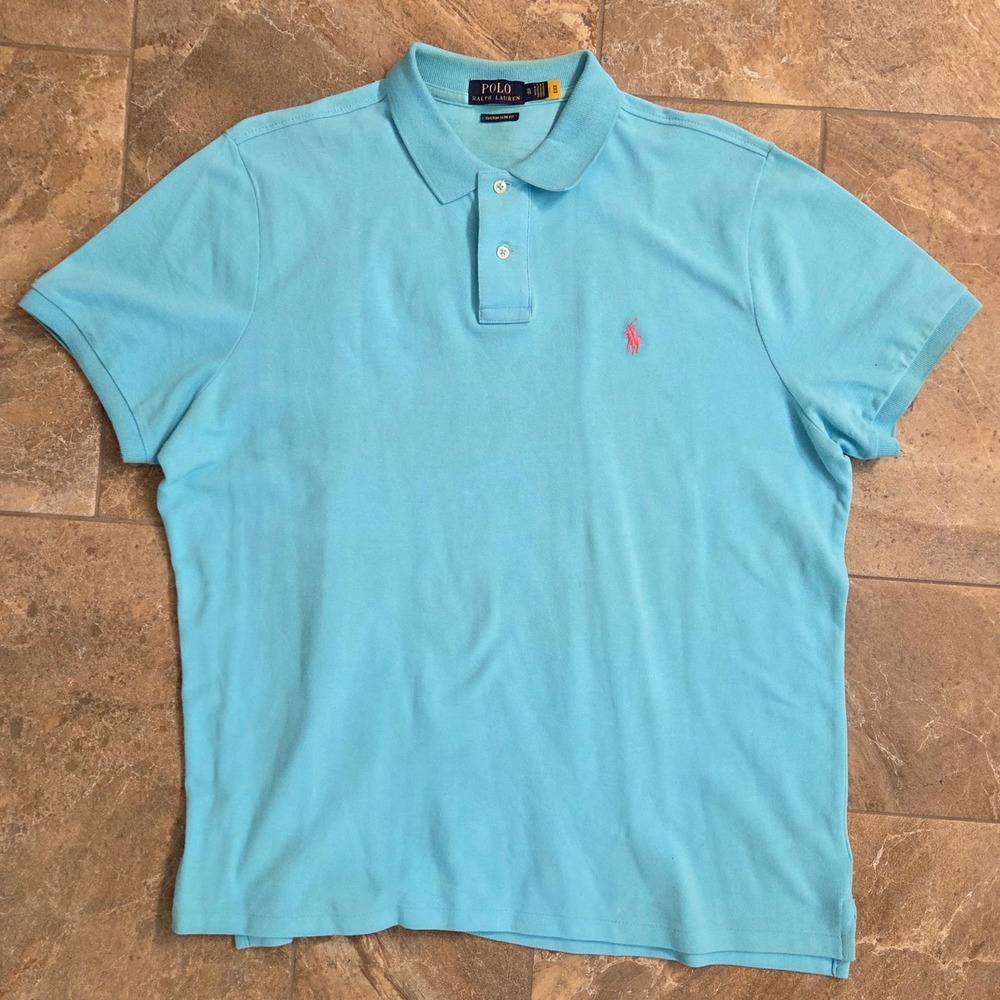 Polo Ralph Lauren Mens XL Custom Slim Fit Polo Shirt Light Blue Pink Pony Logo